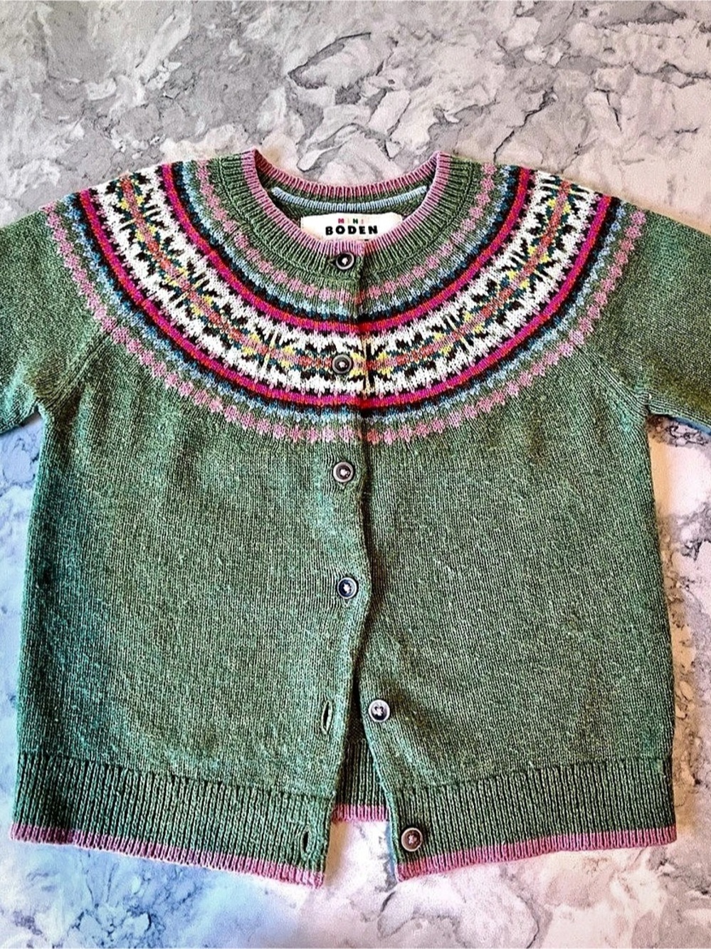 Mini Boden Kids Green Fair Isle Cardigan Size 4-5Y